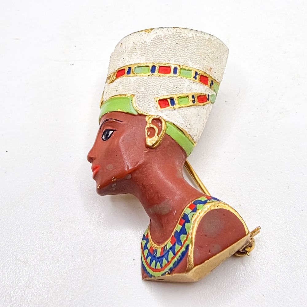 Vintage Egyptian Revival Nefertiti Figural Bust Enamel 1.6" Brooch Pin Unisex